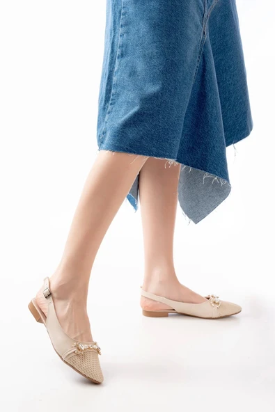 İnf-120 Ten Günlük Fileli Taş Aksesuarlı Kadın Babet - Resim 2