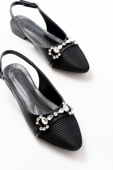 İnf-120 Siyah Günlük Fileli Taş Aksesuarlı Kadın Babet - Resim 4