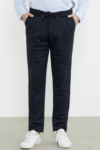 Yan Cepli Beli Lastikli Pantolon - Lacivert - Resim 4