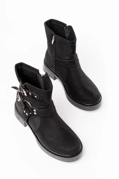 02-2013 Siyah Süet Toka Aksesuarlı Fermuarlı Günlük Kadın Bot - Resim 4