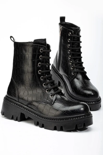 868-2289 Siyah Kroko Bağcıklı Fermuarlı Günlük Kadın Bot - Resim 4