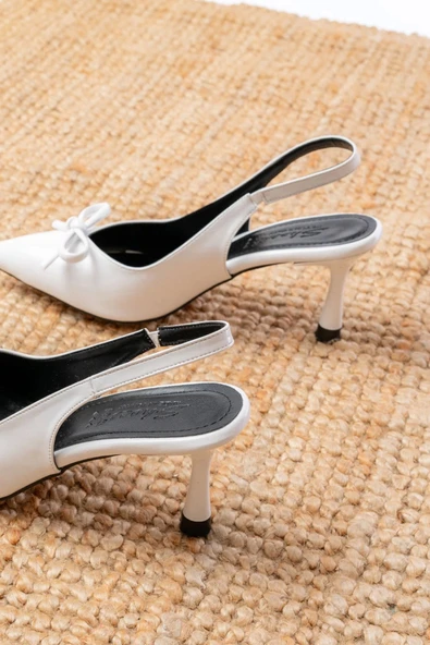 İnf-4500 Beyaz Rugan Günlük Arkası Açık Fiyonklu Topuklu Bayan Ayakkabı - Resim 5