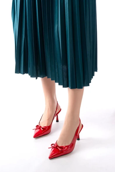 İnf-4500 Kırmızı Rugan Günlük Arkası Açık Fiyonklu Topuklu Bayan Ayakkabı - Resim 2