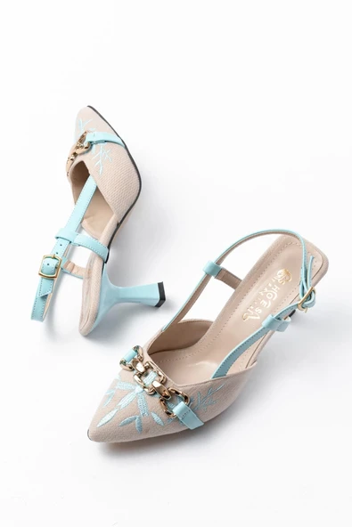 K-250 Mavi Keten Günlük Arkası Açık Tokalı Topuklu Kadın Ayakkabı - Resim 5