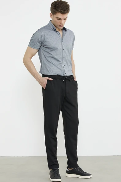 Yan Cepli Beli Lastikli Pantolon - Siyah - Resim 5