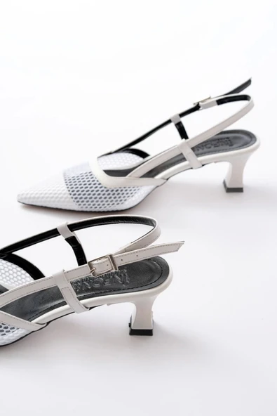 K-607 Beyaz Günlük Fileli Arkası Açık 7 Cm Topuklu Bayan Ayakkabı - Resim 5