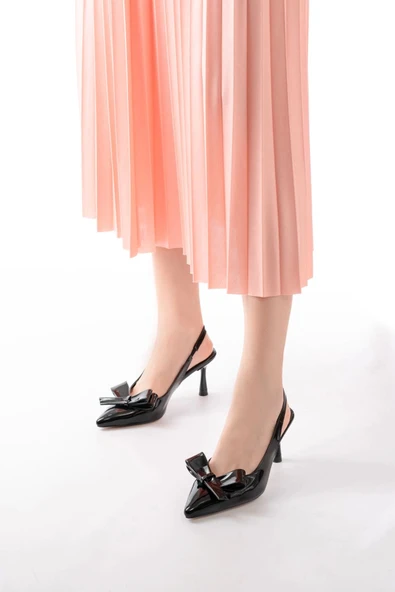 İnf-4501 Siyah Rugan Günlük Arkası Açık Fiyonklu Topuklu Bayan Ayakkabı - Resim 2