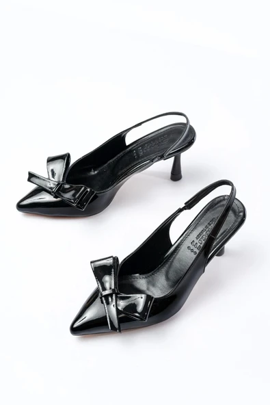 İnf-4501 Siyah Rugan Günlük Arkası Açık Fiyonklu Topuklu Bayan Ayakkabı - Resim 3