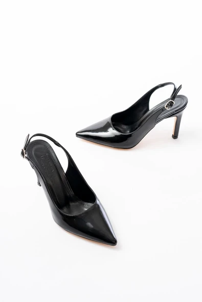 St-1153 Siyah Rugan Günlük Arkası Açık 9 Cm Topuklu Kadın Ayakkabı - Resim 5