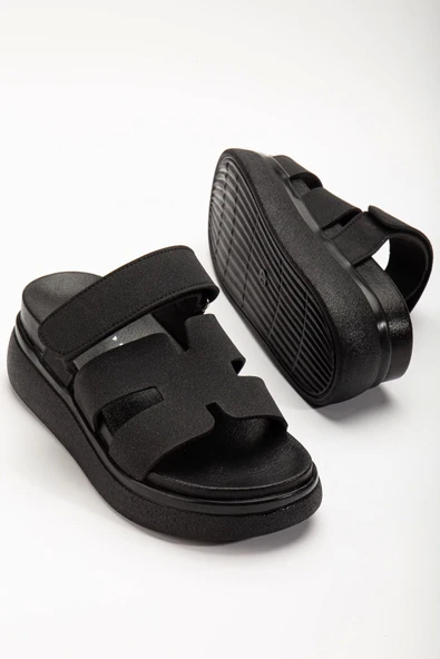 24422-hermes Siyah Dolgu Topuk Kadın Sandalet - Resim 3