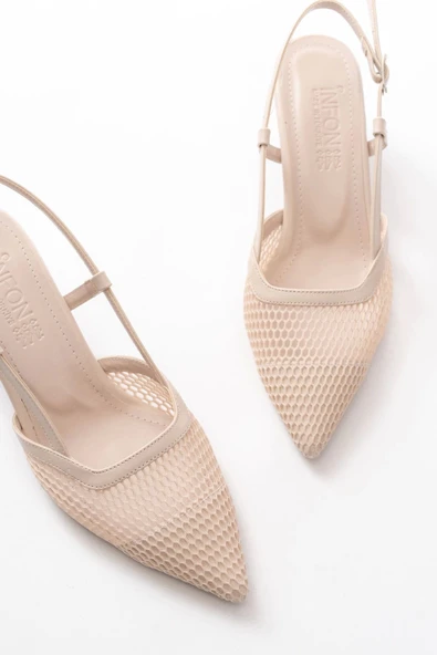 K-607 Bej Günlük Fileli Arkası Açık 7 Cm Topuklu Bayan Ayakkabı - Resim 5