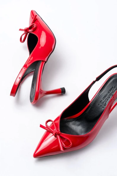 İnf-4500 Kırmızı Rugan Günlük Arkası Açık Fiyonklu Topuklu Bayan Ayakkabı - Resim 4