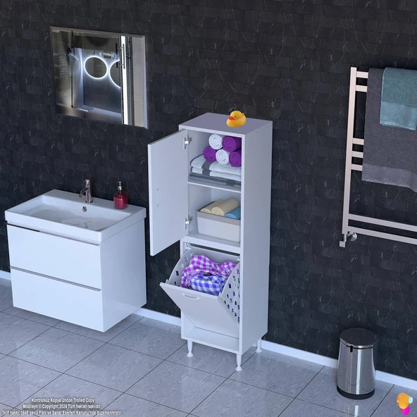 Modilayn İLKİM 50 x 138 x 32,5 cm' lik Kapak İçi Çift Raflı, Tek Göz Akıllı Çamaşır Sepetli Dolap