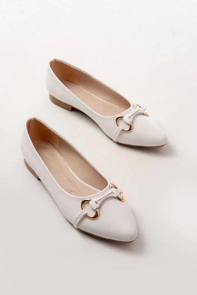 İnf-129 Beyaz Günlük Taş Aksesuarlı Babet - Resim 4