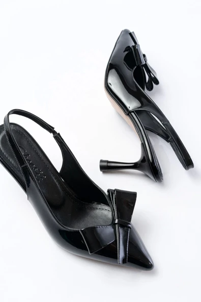 İnf-4501 Siyah Rugan Günlük Arkası Açık Fiyonklu Topuklu Bayan Ayakkabı - Resim 5