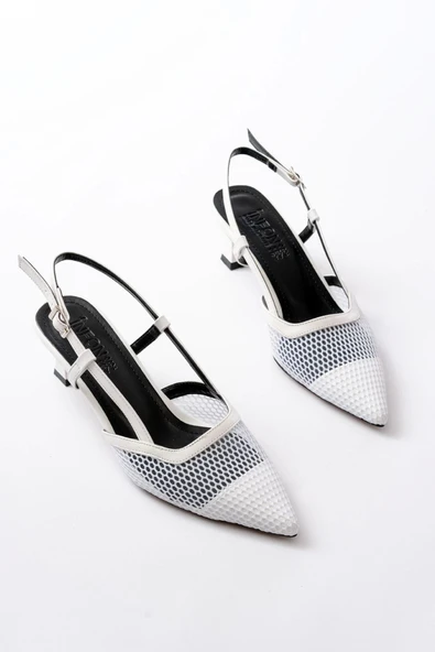 K-607 Beyaz Günlük Fileli Arkası Açık 7 Cm Topuklu Bayan Ayakkabı - Resim 3