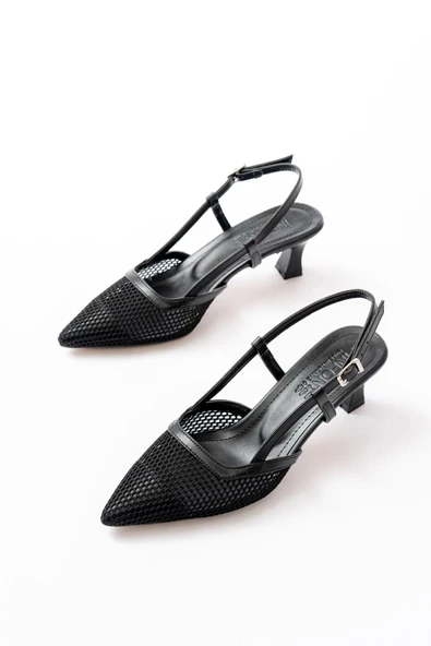 K-607 Siyah Günlük Fileli Arkası Açık 7 Cm Topuklu Bayan Ayakkabı - Resim 3
