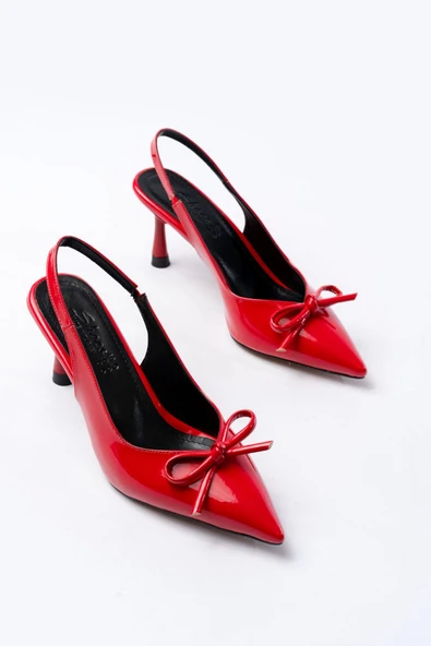 İnf-4500 Kırmızı Rugan Günlük Arkası Açık Fiyonklu Topuklu Bayan Ayakkabı - Resim 5