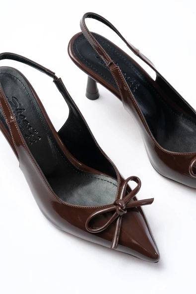 İnf-4500 Kahve Rugan Günlük Arkası Açık Fiyonklu Topuklu Bayan Ayakkabı - Resim 4