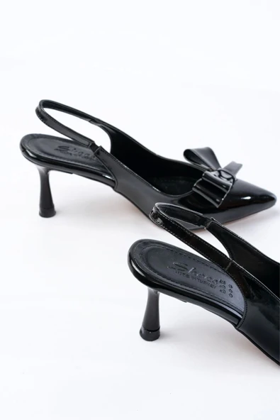 İnf-4501 Siyah Rugan Günlük Arkası Açık Fiyonklu Topuklu Bayan Ayakkabı - Resim 4