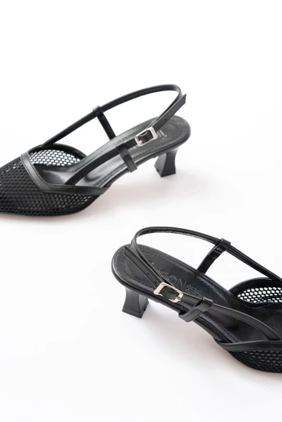 K-607 Siyah Günlük Fileli Arkası Açık 7 Cm Topuklu Bayan Ayakkabı - Resim 5