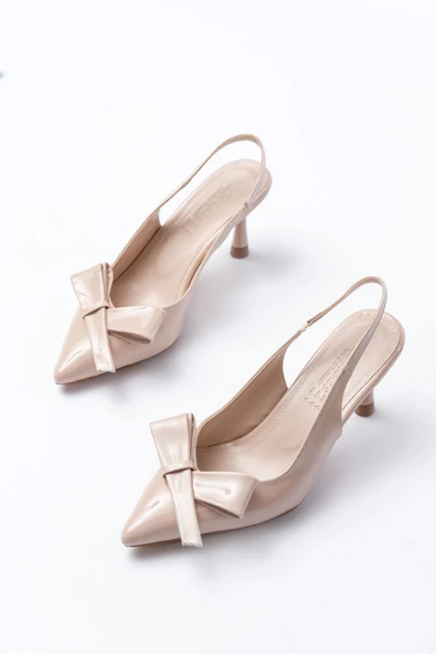 İnf-4501 Bej Rugan Günlük Arkası Açık Fiyonklu Topuklu Bayan Ayakkabı - Resim 3