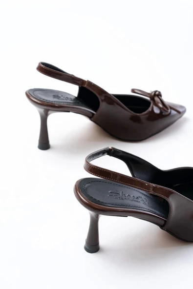 İnf-4500 Kahve Rugan Günlük Arkası Açık Fiyonklu Topuklu Bayan Ayakkabı - Resim 5