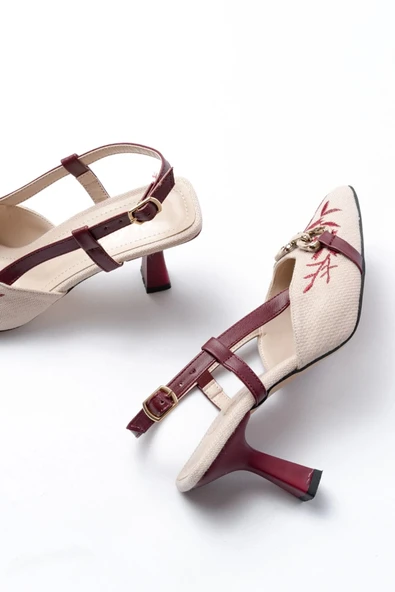 K-250 Bordo Keten Günlük Arkası Açık Tokalı Topuklu Kadın Ayakkabı - Resim 5