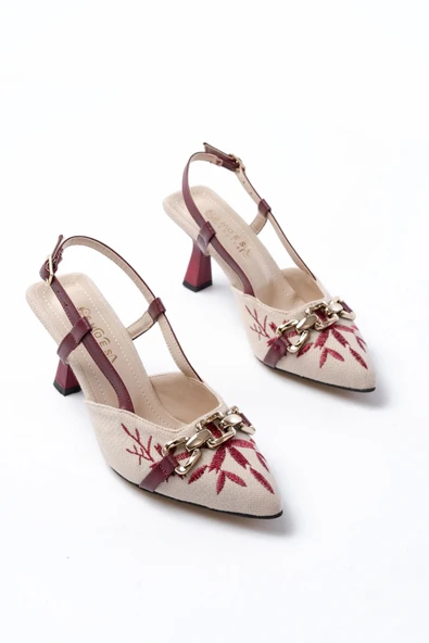 K-250 Bordo Keten Günlük Arkası Açık Tokalı Topuklu Kadın Ayakkabı - Resim 2