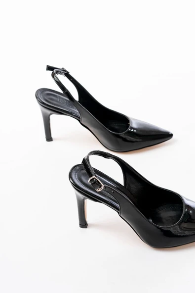 St-1153 Siyah Rugan Günlük Arkası Açık 9 Cm Topuklu Kadın Ayakkabı - Resim 3