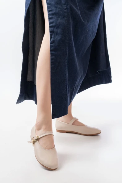 İnf-324 Bej Baretli Tokalı Günlük Kadın Babet - Resim 3