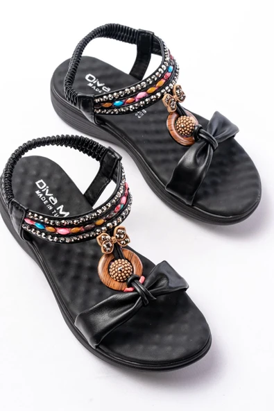 Dm-608 Siyah Taşlı Arka Lastikli Günlük Kadın Sandalet - 3