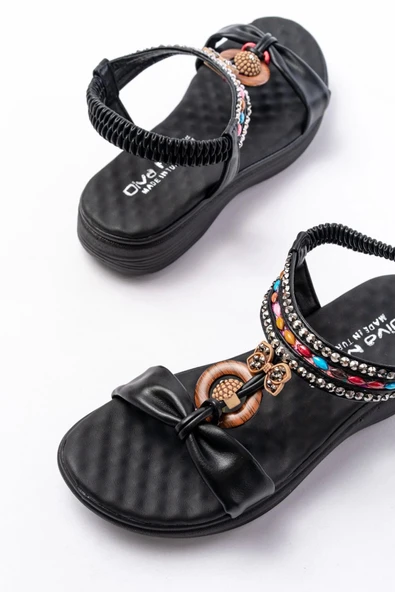 Dm-608 Siyah Taşlı Arka Lastikli Günlük Kadın Sandalet - 4