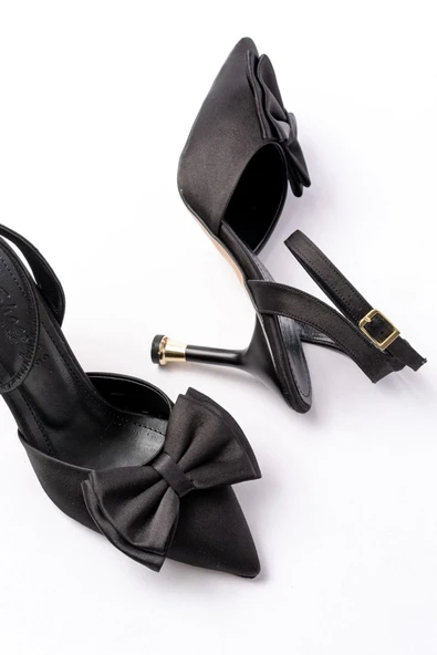 İnf-4505 Siyah Saten Günlük Arkası Açık Kurdele Detaylı Topuklu Bayan Ayakkabı - Resim 4