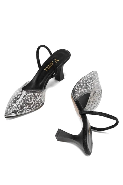 V-1005 Siyah Günlük Arkası Açık Taşlı Topuklu Bayan Ayakkabı - 4