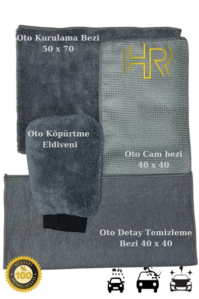 HRPAK 4'lü Mikrofiber Oto Yıkama Araba Kurulama Seti Kurulama Eldiven Cam Bezi İç Detay Temizleme