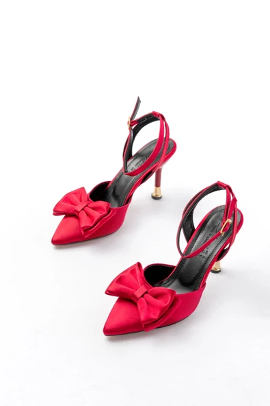 İnf-4505 Bordo Saten Günlük Arkası Açık Kurdele Detaylı Topuklu Bayan Ayakkabı - Resim 4