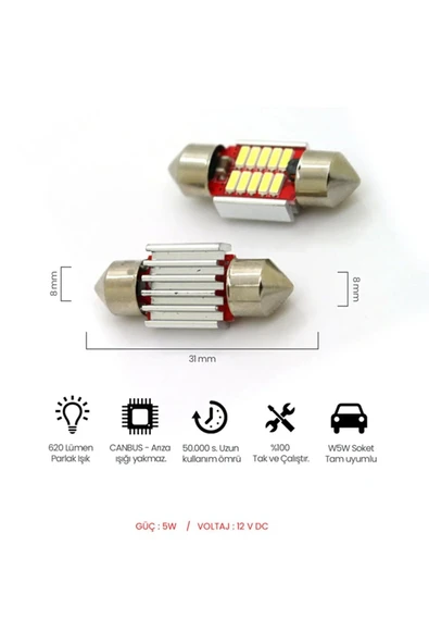 Waxen Sofit Plaka Bagaj Tavan Iç Aydınlatma Ampulü Canbus 6 Led 31 Mm C5w 6500k Beyaz Güçlü Işık - 3