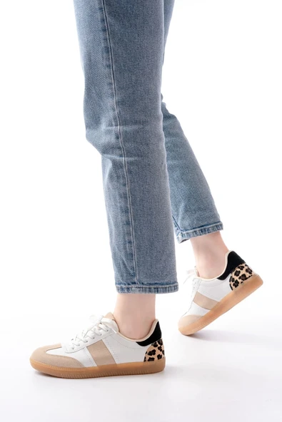 M-6006 Beyaz Garni Leopar Desenli Bağcıklı Termo Taban Günlük Kadın Spor ürün görseli 1