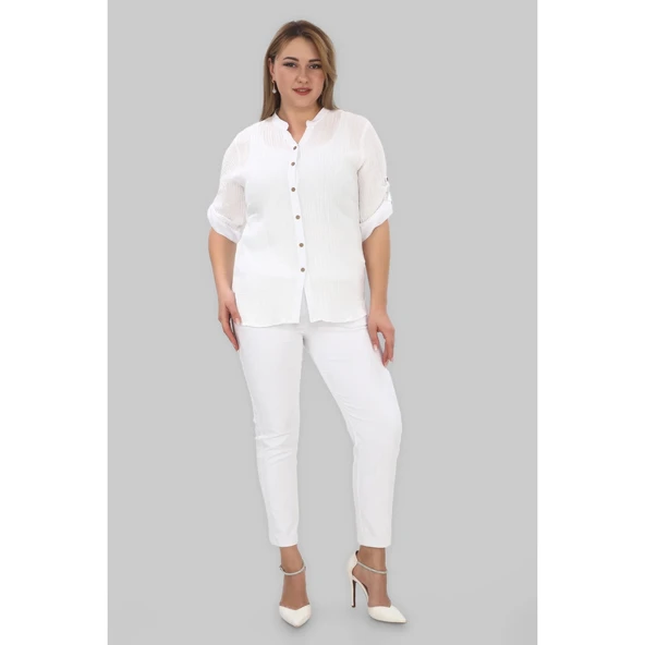 %100 Cotton Hakim Yaka Büyük Beden Kadın Müslim Kumaş Gömlek - 2