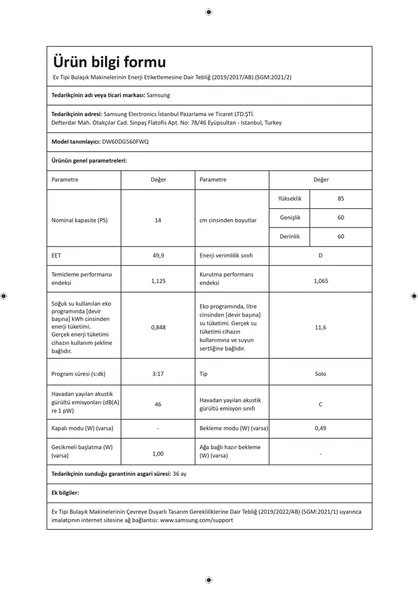 Samsung DW60DG560FWQTR 6 Programlı Bulaşık Makinesi, D Enerji Sınıfı - 4