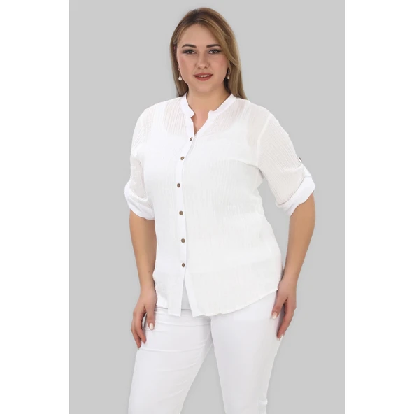 %100 Cotton Hakim Yaka Büyük Beden Kadın Müslim Kumaş Gömlek - 3