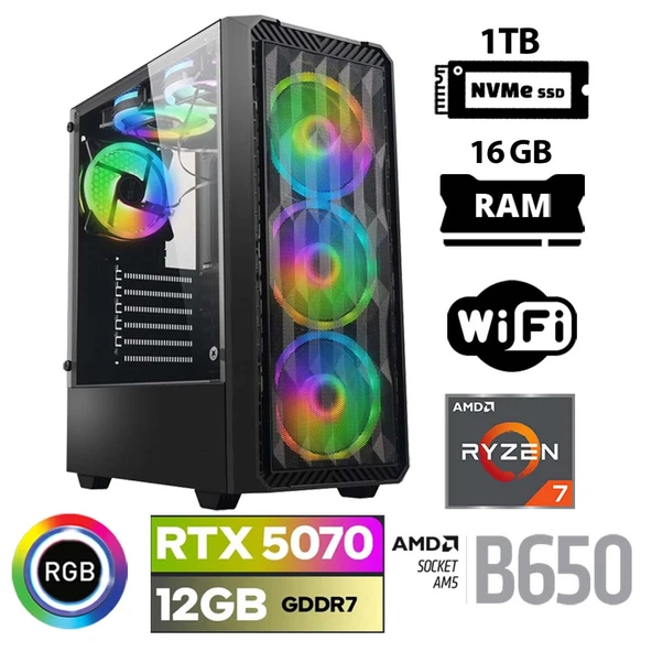 Xaser Thunder x50 Ryzen 7 7700 16GB DDR5 Ram 1TB M.2 NVMe SSD 12GB RTX5070 Masaüstü Oyuncu Bilgisayarı