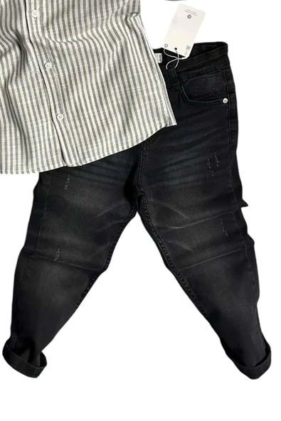 Erkek Çocuk Çizgili Keten Gömlek Siyah Jean Pantolon Alt Üst Takım - 3