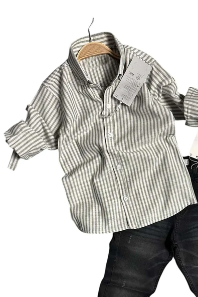 Erkek Çocuk Çizgili Keten Gömlek Siyah Jean Pantolon Alt Üst Takım - 2