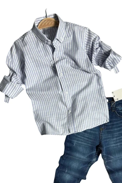Erkek Çocuk Çizgili Keten Gömlek Lacivert Jean Pantolon Alt Üst Takım - 2