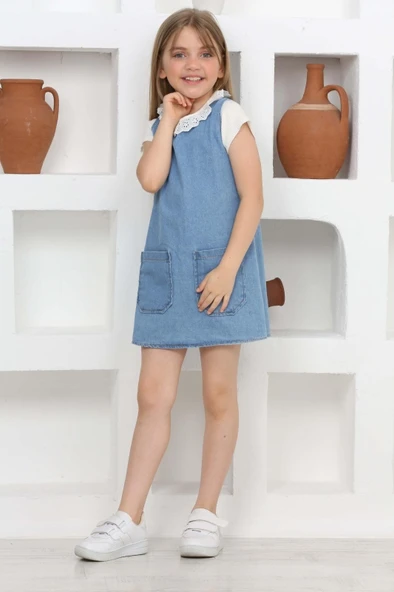 Kız Çocuk 2'li Jean Elbise (Çift Cepli Jean Elbise+Bluz)12203 - 2