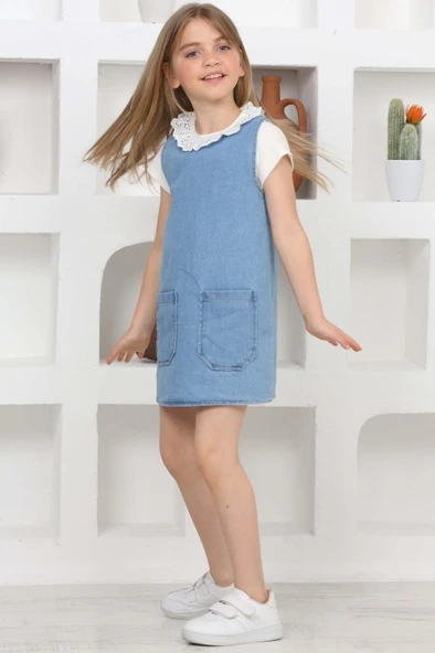 Kız Çocuk 2'li Jean Elbise (Çift Cepli Jean Elbise+Bluz)12203 - 4