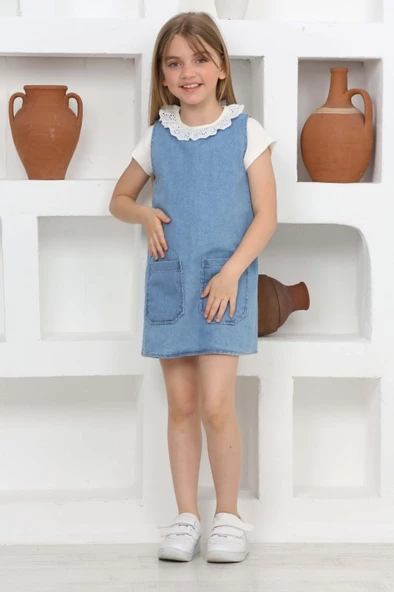 Kız Çocuk 2'li Jean Elbise (Çift Cepli Jean Elbise+Bluz)12203 - 3
