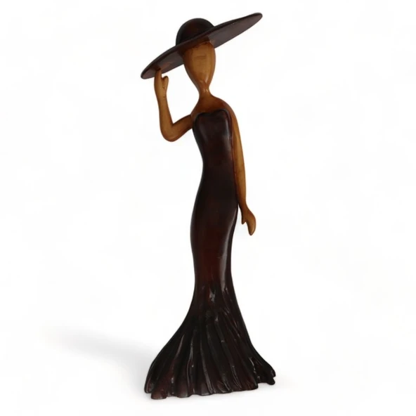 Şapkalı Yalnız Kadın Ahşap Heykel - Resim 6